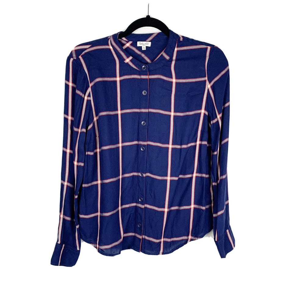 Splendidโ Womens Plaid Button Front Top Shirt Blue Red Collarless Blouse S